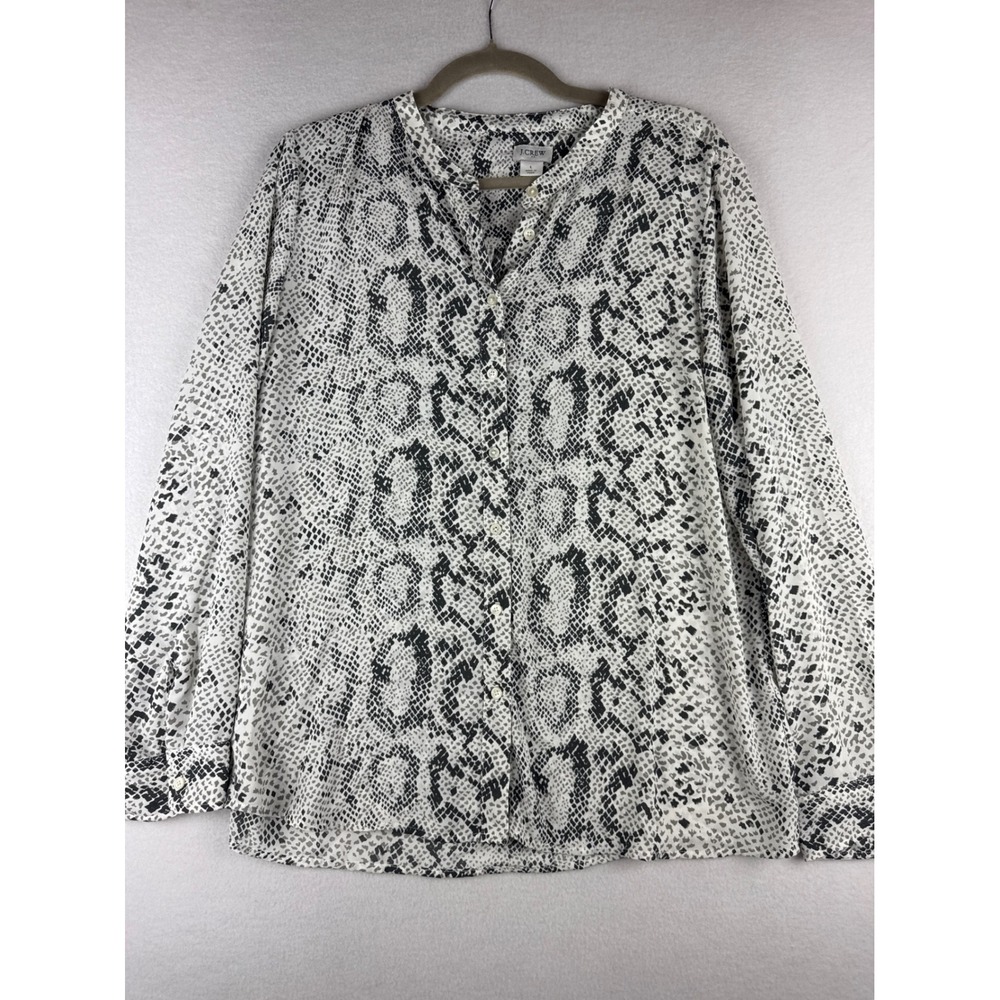 J.Crew Womens Snakeskin Print Band Collar Button Down Blouse Grey White Large